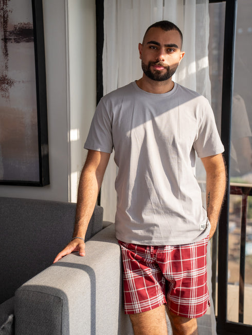 Men summer pajama set Greyish T-shirt + Dark Red X Greyish Tartan Plaid Short